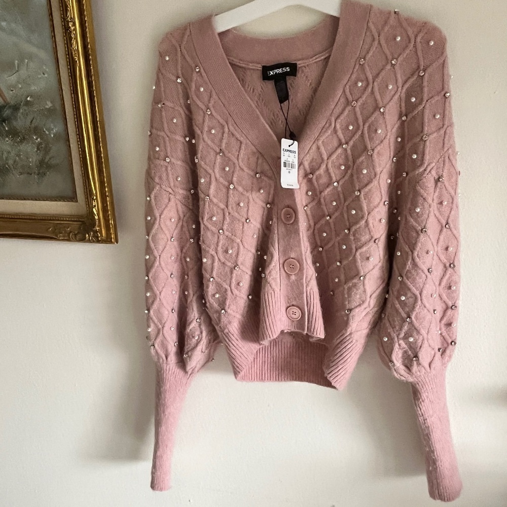 Express pink pearl and crystal cardigan